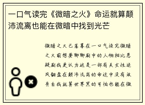 一口气读完《微暗之火》命运就算颠沛流离也能在微暗中找到光芒