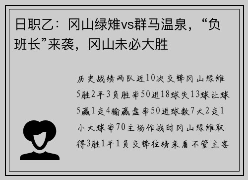 日职乙：冈山绿雉vs群马温泉，“负班长”来袭，冈山未必大胜