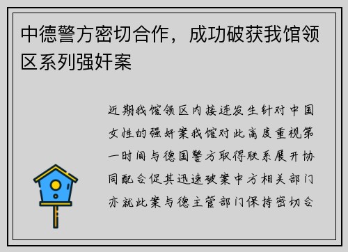 中德警方密切合作，成功破获我馆领区系列强奸案